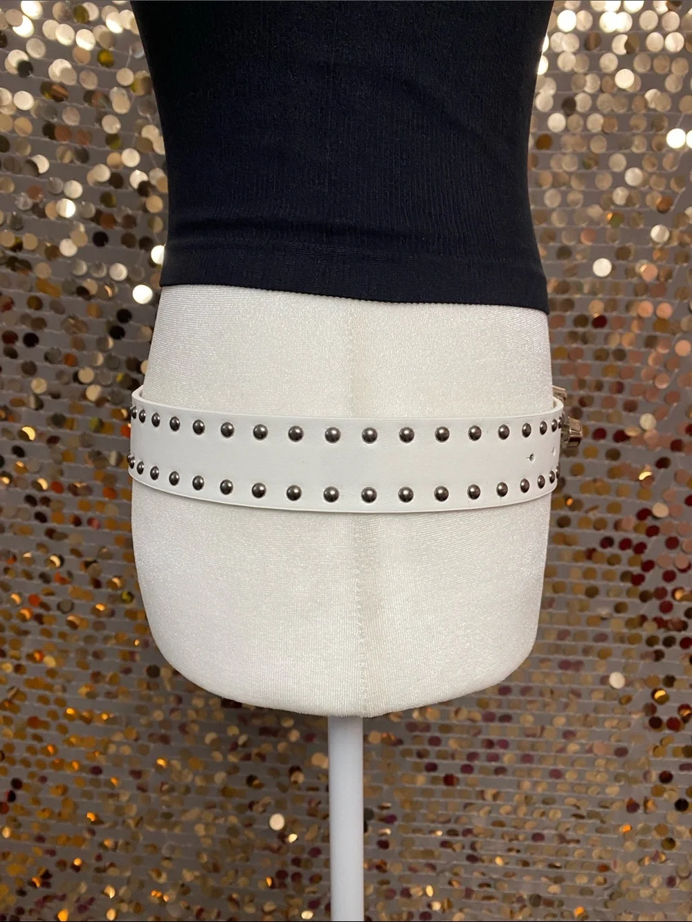 White studded belt with red and silver heart buckle #475